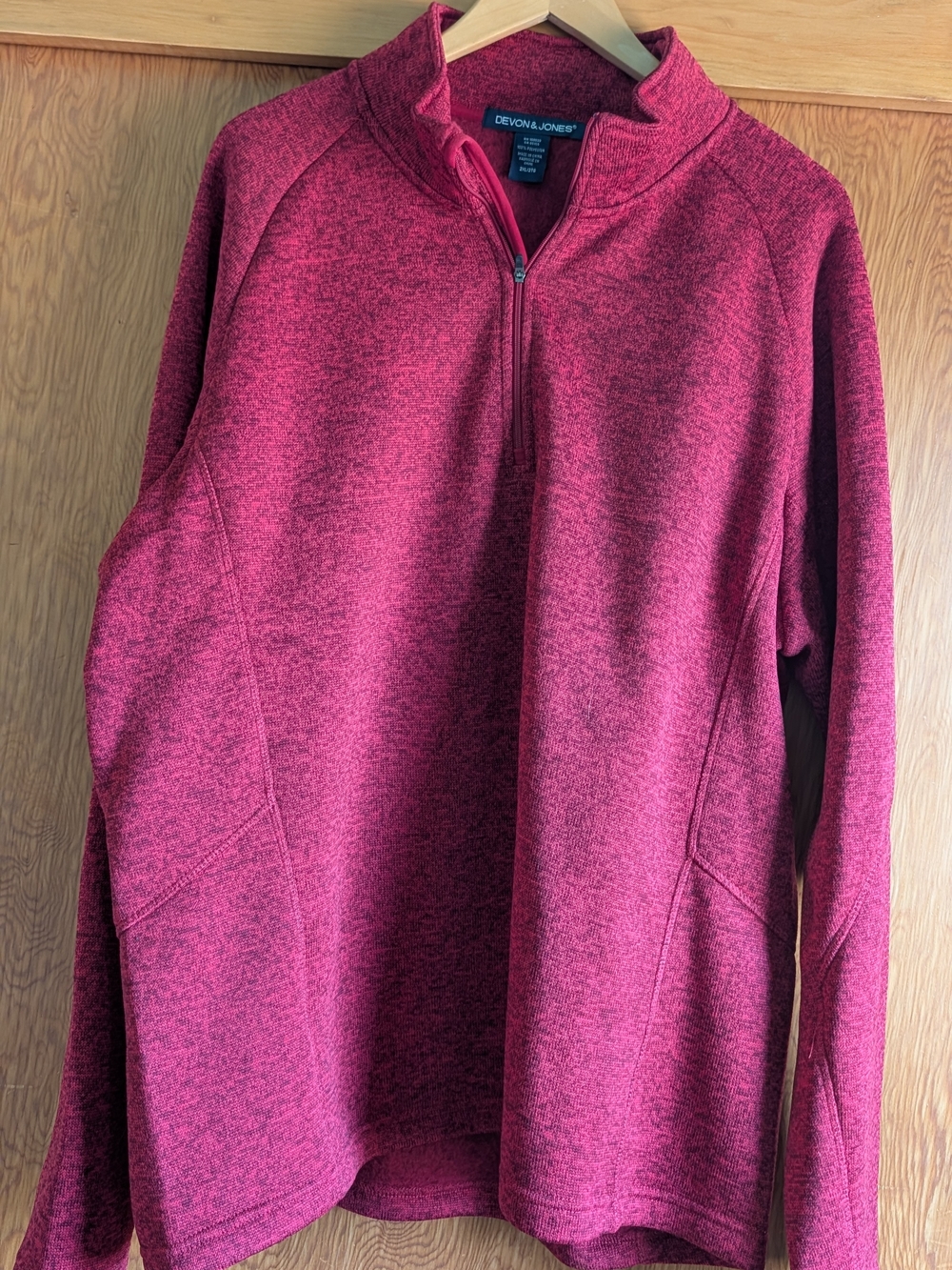 Devona Jones Men's 1/4 Zip‎ Pullover Sweater in Heathered Maroon/Red.